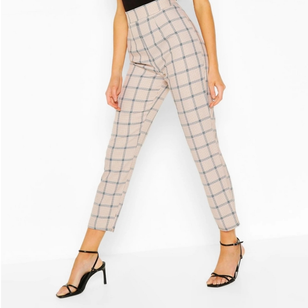 Boohoo size 8 NWT Tonal check slim fit pant plaid high rise trouser ankle